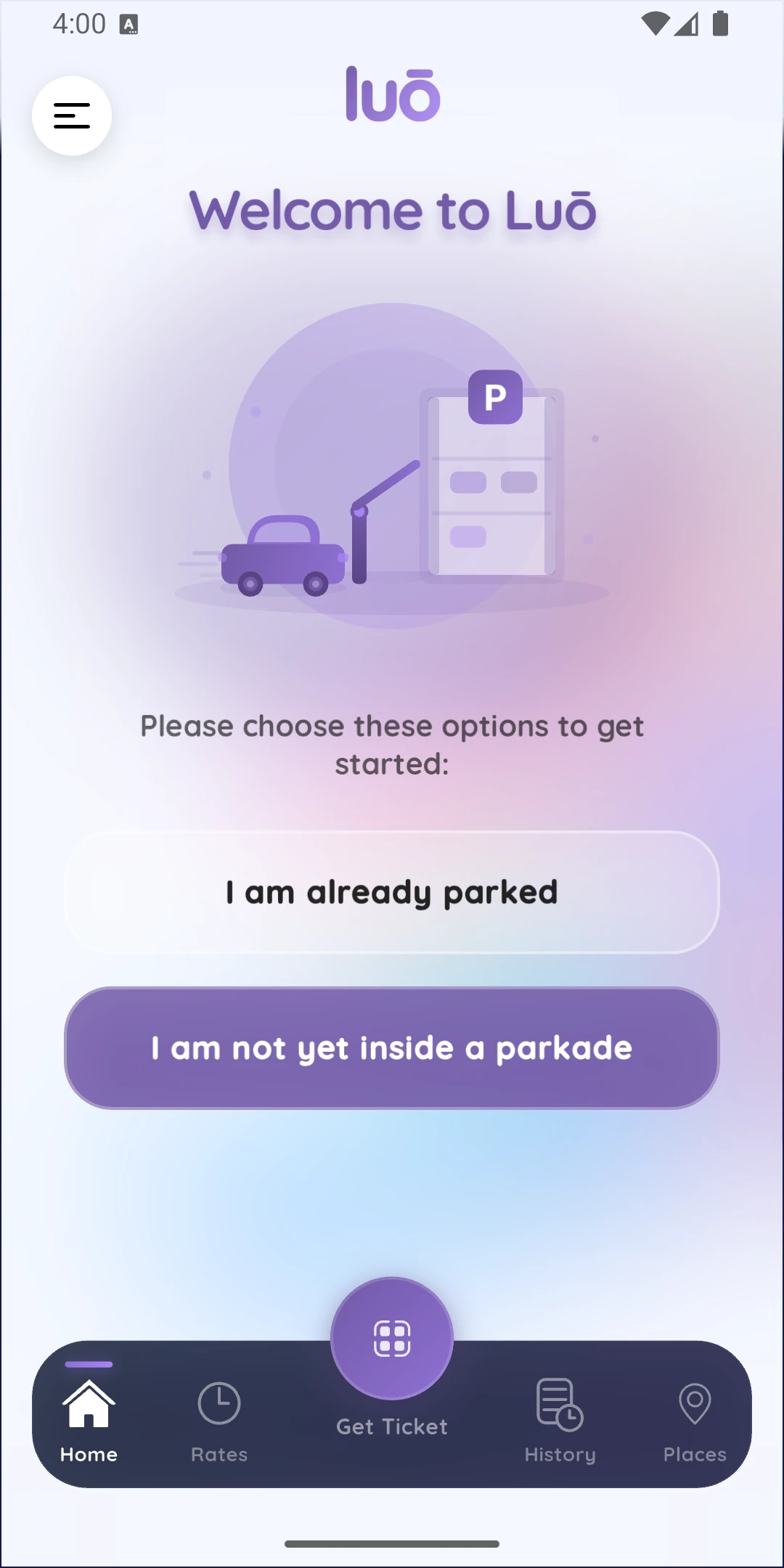 luō parking app home screen, start a parking session in one tap