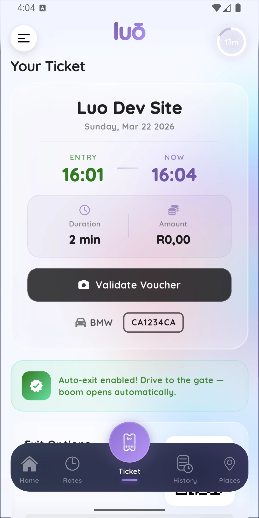 luō parking app, live ticket screen showing session duration and current charge