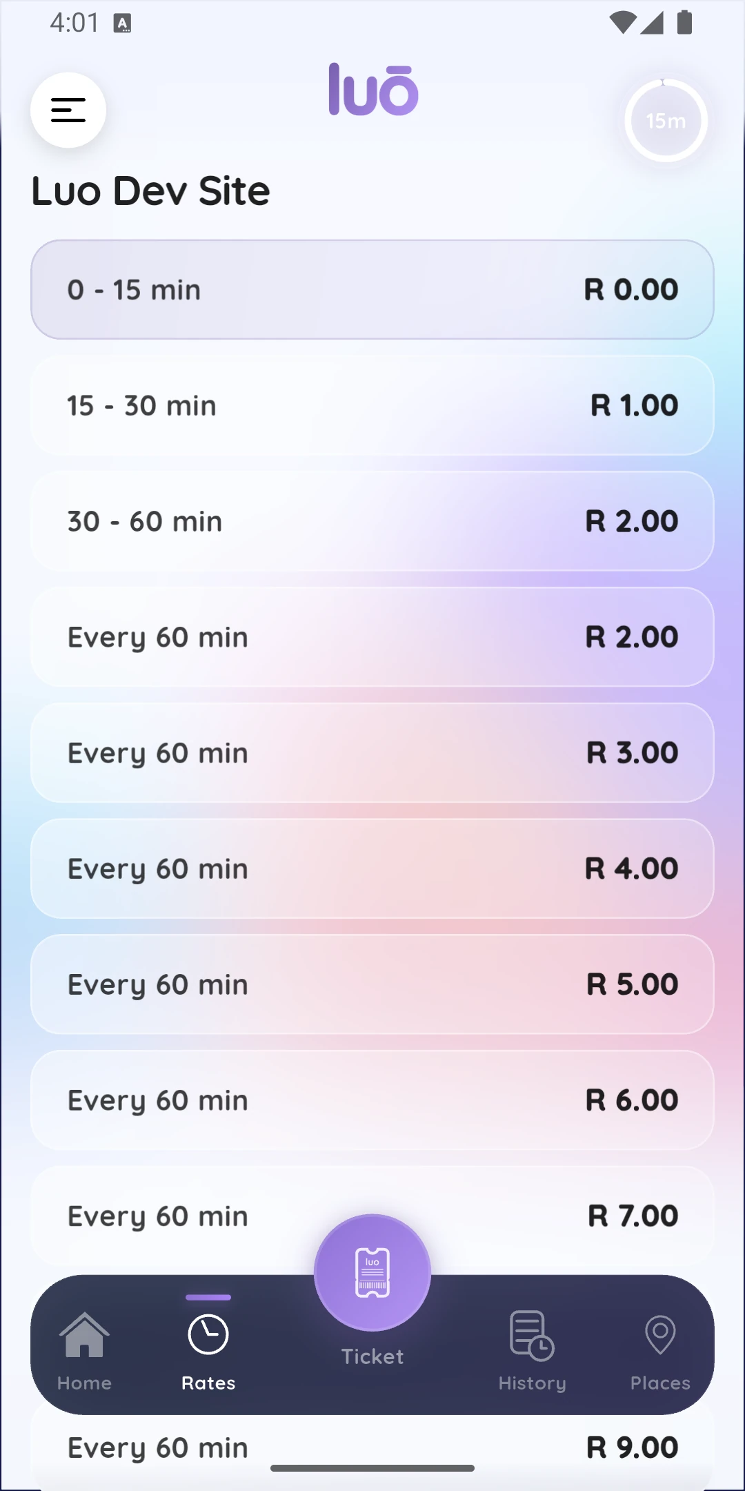 luō app parking tariff rates, full rate breakdown for the current parkade