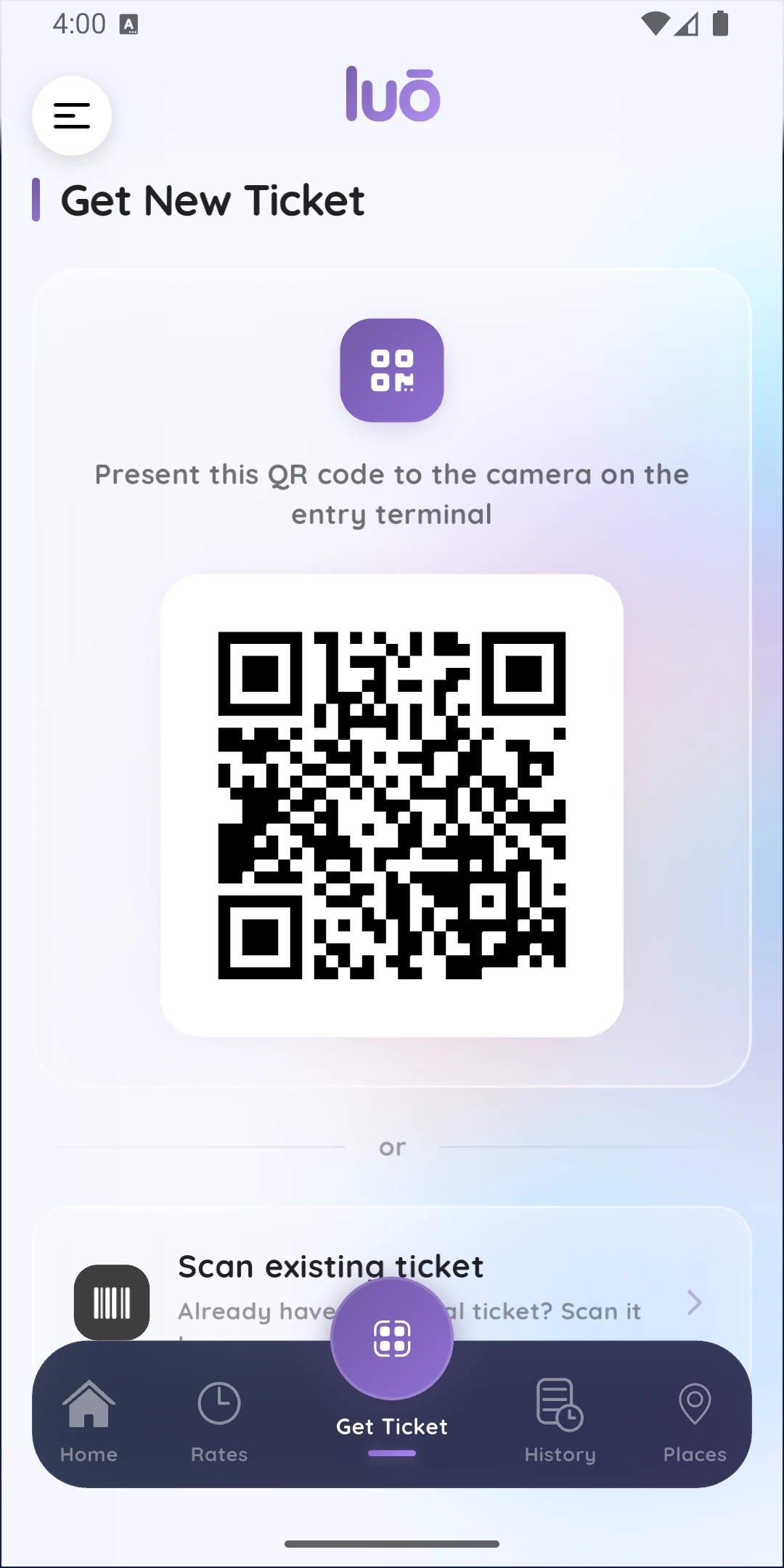 luō app get new ticket screen, scan QR code at parkade entry terminal