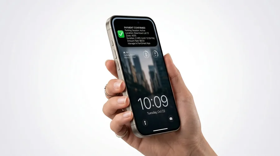 Instant push notifications, parking payment confirmed, tariff changes, gate status updates
