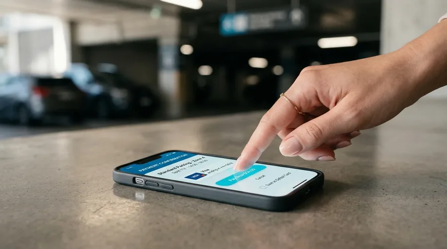 Seamless in-app parking payment, one tap with saved card, invoice PDF emailed automatically
